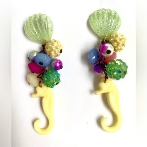 Starfish shell mermaid bling bead yellow seahorse ocean dangle earrings